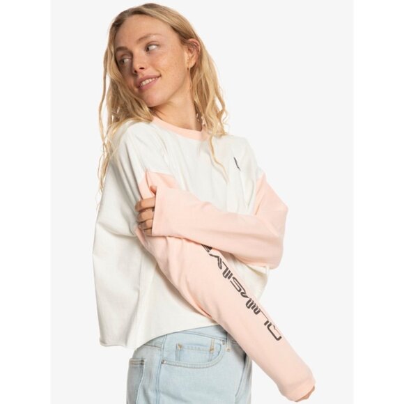 QUIKSILVER Cold Waves Crop Tee Sz  S White Pink Colorblock Logo Organic Cotton - Picture 3 of 16